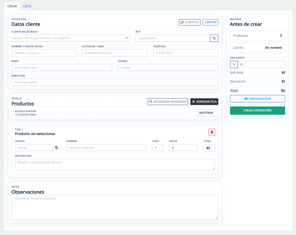 Modulo de cotizaciones de TicketApp