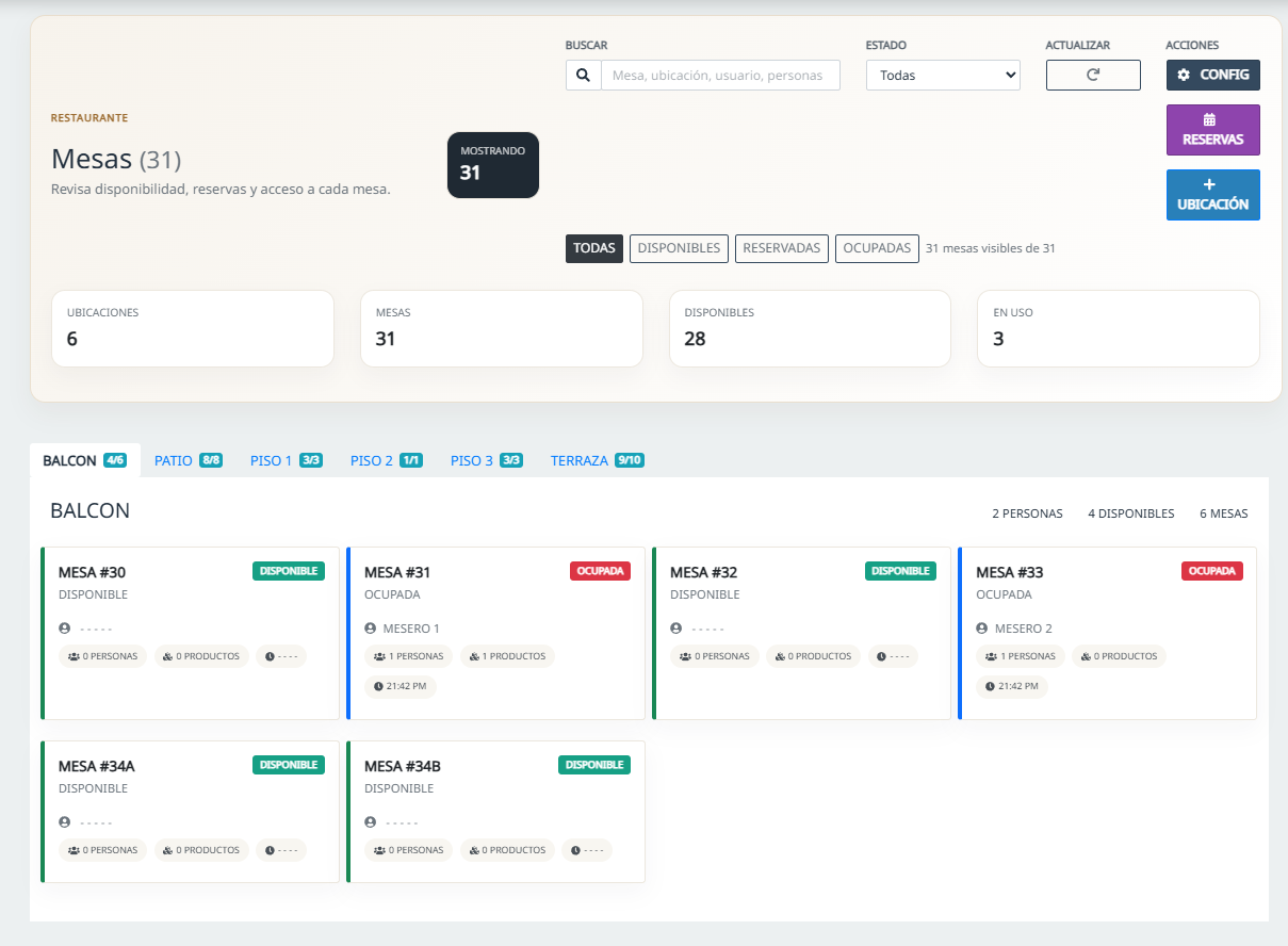 Modulo de mesas de TicketApp para gastronomia